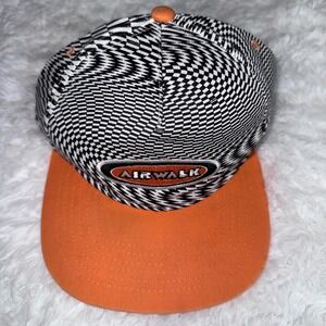 Airwalk Hat Mens OSFA Orange Black White Excellent Checkerboard Flat Brim Cap